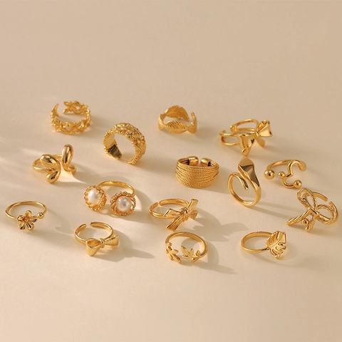 Vergoldete Kupfer Offene Ringe Für Damen Mode Geometrisch Schleife Blume Blatt Feder Design Minimalistisch Schmuck Fingerring
