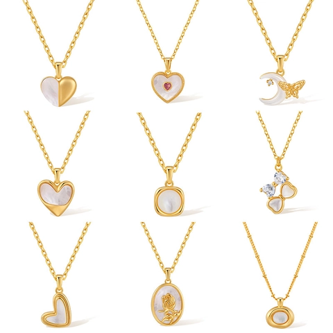 Retro 18K Gold Plated Copper Necklace Artificial Mother Of Pearl Heart Pendant Rhinestone Elegant Clavicle Chain Jewelry For Women