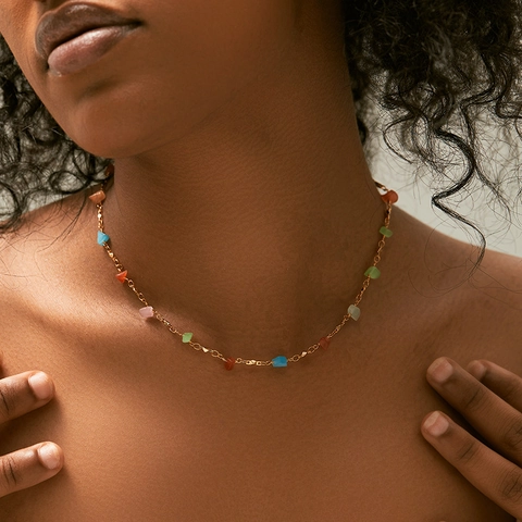 Bohemian Ethnic Style Copper Multicolor Crystal Chip Necklace Real Gold Plated Irregular Stone Clavicle Chain Jewelry For Women
