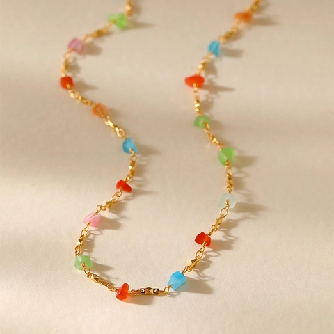 Bohemian Ethnic Style Copper Multicolor Crystal Chip Necklace Real Gold Plated Irregular Stone Clavicle Chain Jewelry For Women