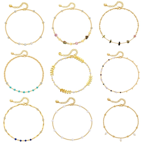 Tobillera Chapada en Oro Bohemia para Mujer Cuentas Hechas a Mano Piedra Natural Perla Artificial Diamantes de Imitación Mariposa Tobillera Joyería