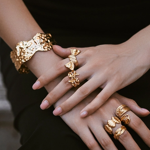 Vintage Gold Plated Copper Open Rings For Women Irregular Bowknot Shell Leaf Pattern Adjustable Fashion Jewelry Gift