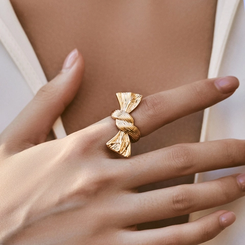 Vintage Gold Plated Copper Open Rings For Women Irregular Bowknot Shell Leaf Pattern Adjustable Fashion Jewelry Gift