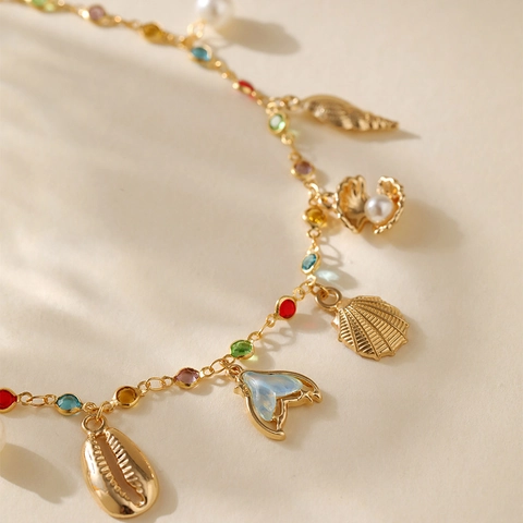 Bohemian 18K Gold Plated Copper Anklet For Women Colorful Rhinestone Ocean Shell Conch Fish Tail Artificial Pearl Beach Jewelry