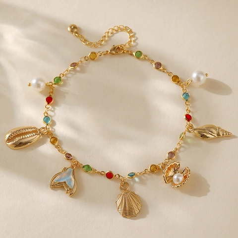 Bohemian 18K Gold Plated Copper Anklet For Women Colorful Rhinestone Ocean Shell Conch Fish Tail Artificial Pearl Beach Jewelry