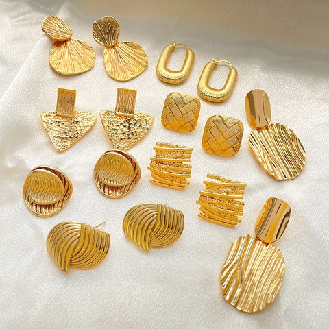 Heavyweight Design Copper 18K Gold Plated Geometric Earrings For Women Vintage Textured Hammered Metal Stud Hoop Jewelry
