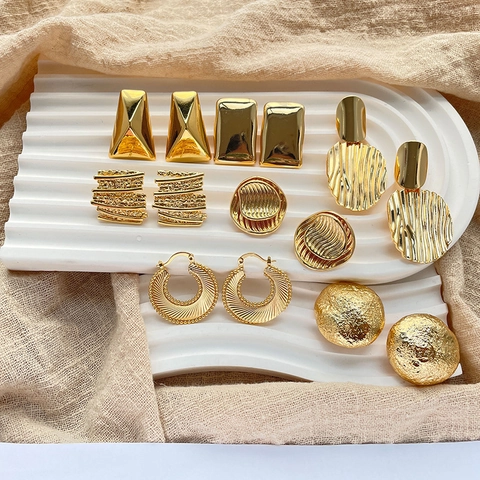 Heavyweight Design Copper 18K Gold Plated Geometric Earrings For Women Vintage Textured Hammered Metal Stud Hoop Jewelry