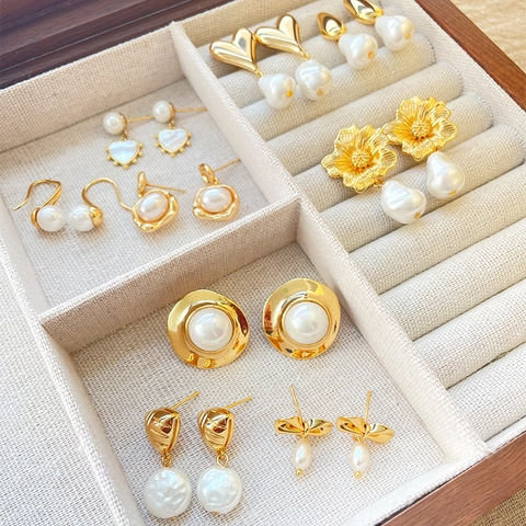 French Vintage Baroque Artificial Pearl Earrings 18K Gold Plated Brass Heart Bow Knot Drop Earrings Elegant Rhinestone Fashion Jewelry For Women