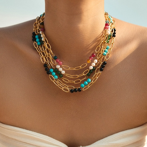 Collier Perlé de Bohême en Cuivre Vintage pour Femmes Fait Main Fausse Turquoise Künstliche Perle Cristal Colliers de Brins Colorés Bijoux