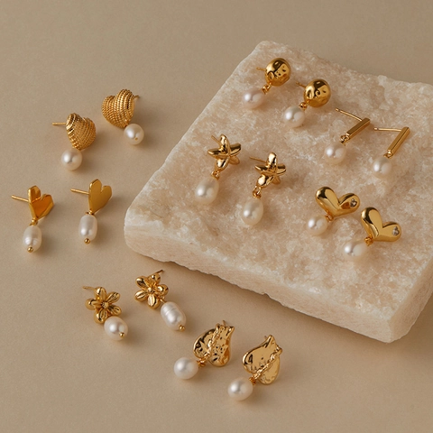 Vintage Artificial Pearl Drop Earrings For Women Gold Plated Copper Heart Flower Star Artificial Baroque Pearl Elegant Jewelry Valentine's Day Gift