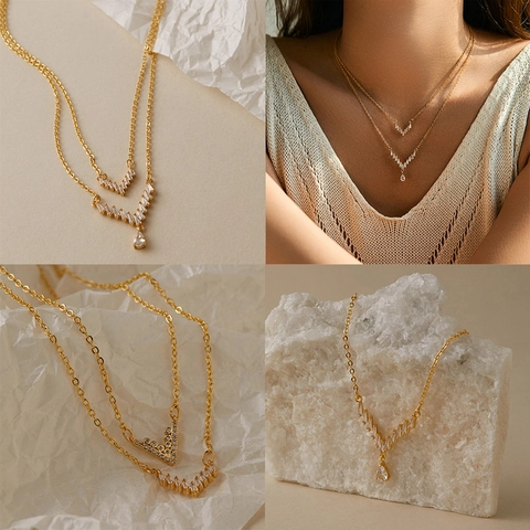 Elegante Collana a Strati a Forma di V in Rame Placcato Oro 18K per Donna Ciondolo a Cuore in Zirconia Scintillante Gioielli di Moda