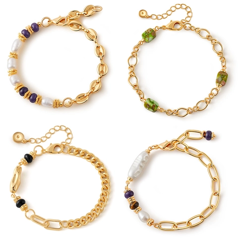Elegante Braccialetto in Rame Placcato Oro 18K per Donna Fatto a Mano in Pietra Naturale Ametista Turchese Perla Artificial Barocca Catena a Maglie Gioielli
