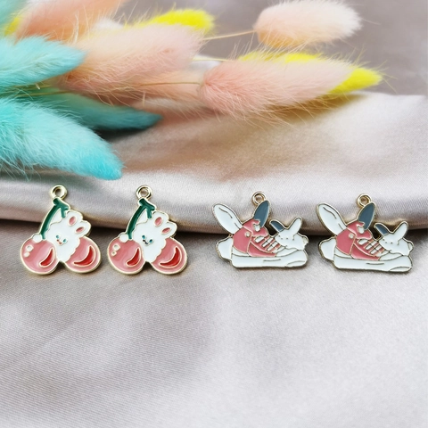 Cute Alloy Enamel Rabbit Cherry Sneaker Charms For DIY Earring Keychain Jewelry Making Cartoon Animal Drip Oil Pendants