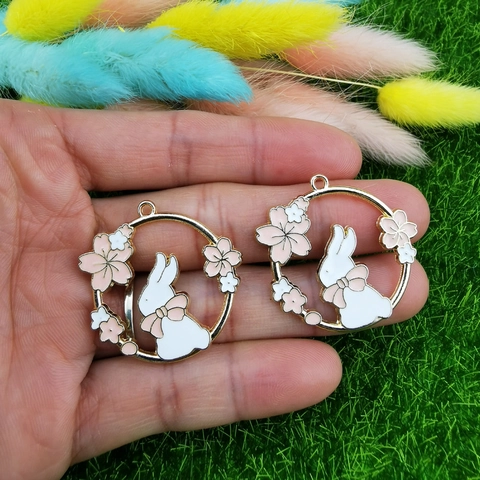DIY Alloy Enamel Rabbit Sakura Garland Pendant Cute Animal Cherry Blossom Charm For Earrings Necklace Jewelry Making Accessory