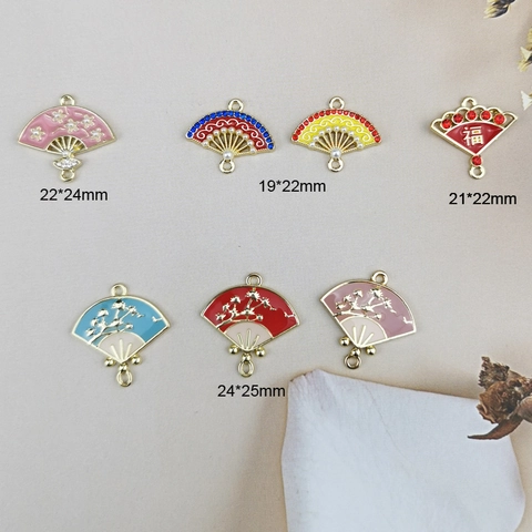 Pendentif en Forme de Éventail Style Chinois Alliage Émail Strass Künstliche Perle Connecteur Double Boucle DIY Accessoire de Bijoux Femme