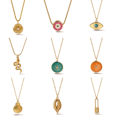 Vintage Stainless Steel Evil Eye Pendant Necklace For Women Gold Plated Snake Shell Sun Enamel Rhinestone Artificial Pearl Choker Jewelry
