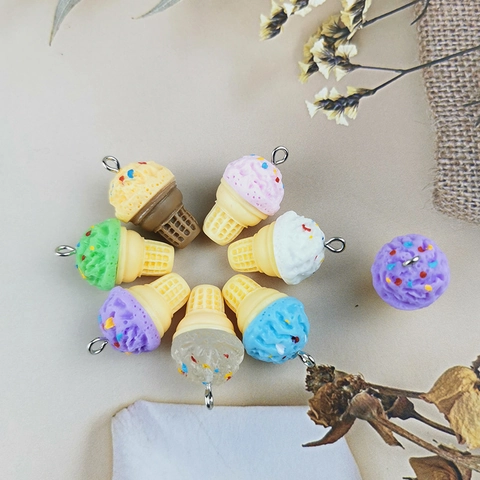 3D Simulation Ice Cream Cone Resin Pendant Charm With Metal Ring DIY Jewelry Making Accessories For Earrings Keychains Bag Decor