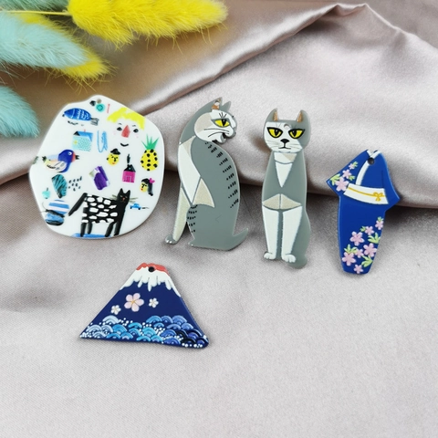 Japanese Ukiyo-e Fuji Mountain Sakura Kimono Cat DIY Jewelry Charms Alloy Enamel Acrylic Pendants Handcrafted Accessories