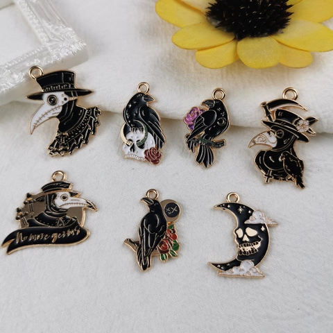 Gothic Enamel Plague Doctor Raven Skull Pendants Alloy Dark Style Crow Moon Charms For DIY Necklace Keychain Jewelry Accessory