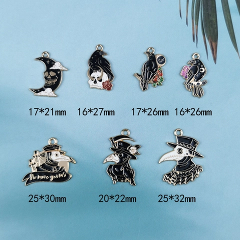 Gothic Enamel Plague Doctor Raven Skull Pendants Alloy Dark Style Crow Moon Charms For DIY Necklace Keychain Jewelry Accessory