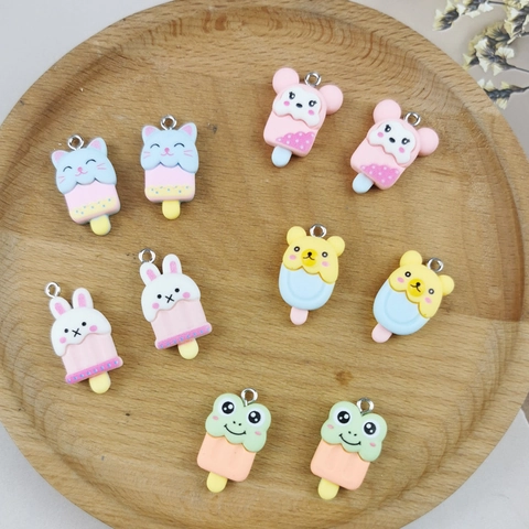 DIY Cartoon Animal Ice Cream Resin Pendants Cute Rabbit Frog Cat Bear Popsicle Charms For Keychain Jewelry Making Craft