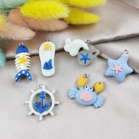 Cartoon Resin Ocean Theme Charms For DIY Jewelry Making Crafts Crab Starfish Fishbone Anchor Slipper Nautical Pendants