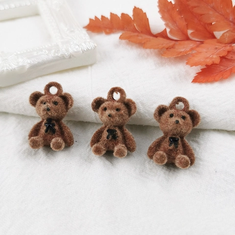 Cute 3D Flocked Brown Bear Metal Pendant With Bow For DIY Jewelry Making Earring Bracelet Accessories Fashion Bear Charm