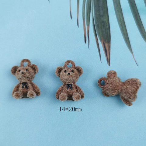 Cute 3D Flocked Brown Bear Metal Pendant With Bow For DIY Jewelry Making Earring Bracelet Accessories Fashion Bear Charm