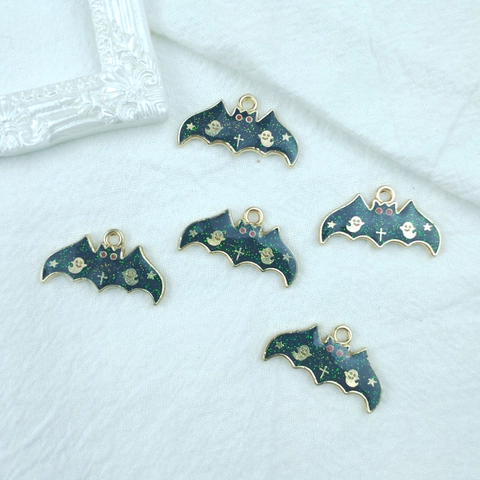 Halloween Bat Alloy Enameled Pendant With Green Glitter Ghost Pattern For DIY Jewelry Earring Necklace Making
