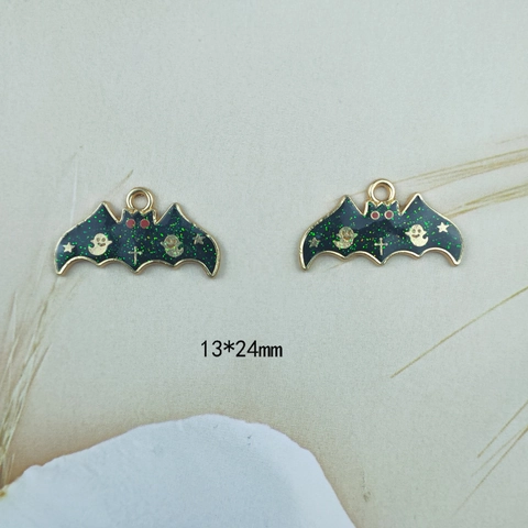 Halloween Bat Alloy Enameled Pendant With Green Glitter Ghost Pattern For DIY Jewelry Earring Necklace Making