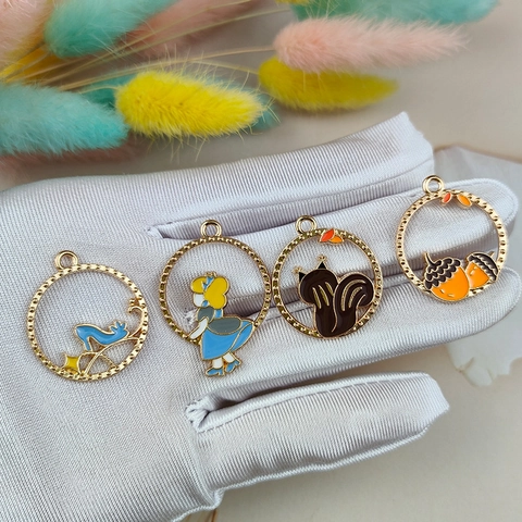 Alloy Enamel Cartoon Pendant Only Without Chain Hollow Out Squirrel Acorn Fairy Tale Style DIY Jewelry Making Charms