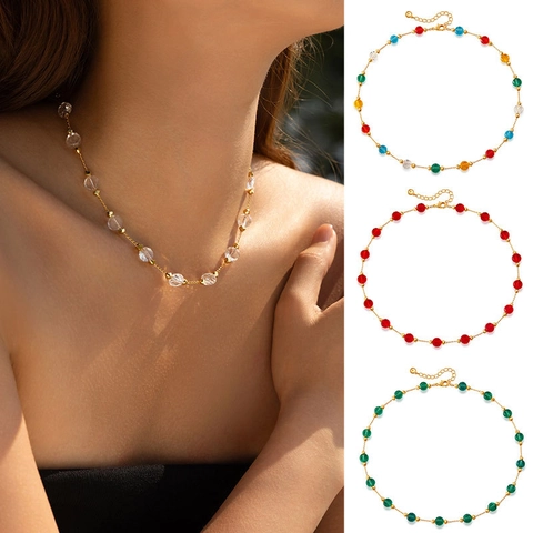 Handmade Copper Rhinestone Clavicle Chain Necklace Colorful Faceted Glass Beads Summer Dopamine Style Jewelry For Women