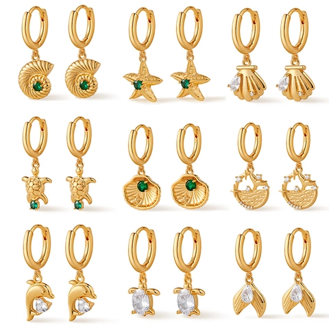 18K Gold Plated Copper Ocean Series Hoop Earrings Zircon Starfish Conch Dolphin Whale Tail Turtle Shell Marine Charm Jewelry For Women
