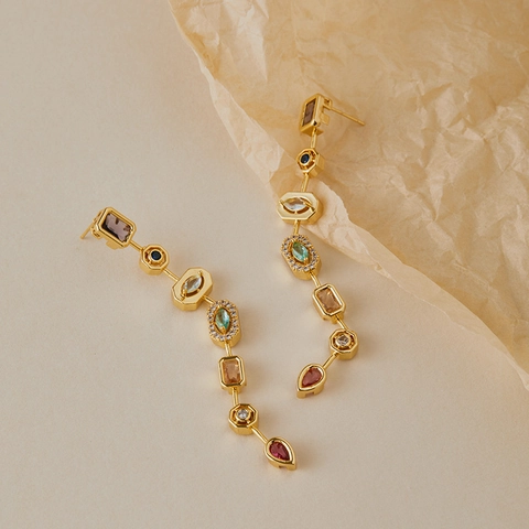 Vintage Luxe Verguld Koper Kleurrijke Zirkoon Geometrische Lange Kwastje Oorbellen Voor Vrouwen Feest Sieraden