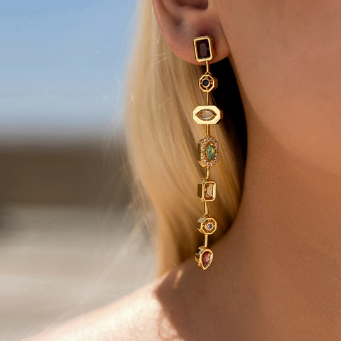 Vintage Luxe Verguld Koper Kleurrijke Zirkoon Geometrische Lange Kwastje Oorbellen Voor Vrouwen Feest Sieraden