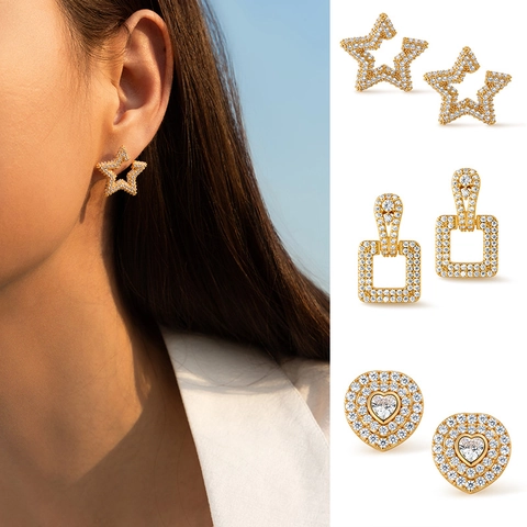 Fashion 18K Gold Plated Copper Zirconia Stud Earrings For Women Light Luxury Geometric Heart Star Square Drop Earrings Jewelry