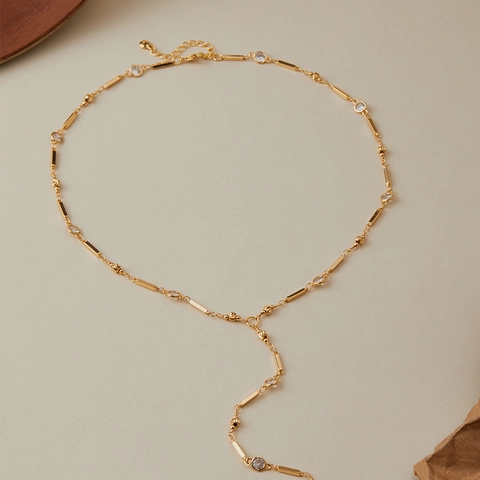 Minimalist Gold Plated Copper Y-Shaped Lariat Necklace For Women Elegant Geometric Link Chain Rhinestone Jewelry Gift