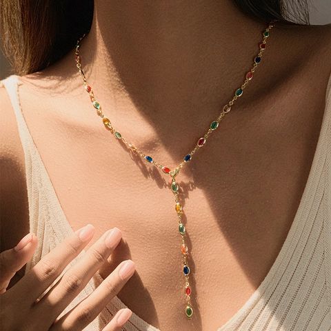 Bohemian 18K Gold Plated Copper Y-Shaped Lariat Necklace Multicolor Glass Stone Geometric Tassel Jewelry For Women