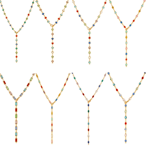 Bohemian 18K Gold Plated Copper Y-Shaped Lariat Necklace Multicolor Glass Stone Geometric Tassel Jewelry For Women