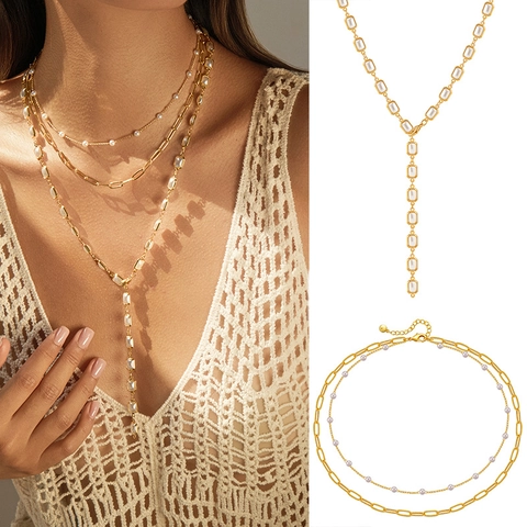 Collier en Y Long en Cuivre Plaqué Or 18K pour Femme Perle Artificielle Cœur Géométrique Perle de Verre Bijoux