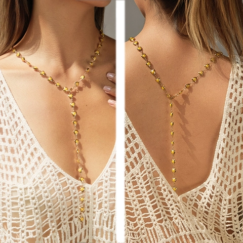 Collier en Y Long en Cuivre Plaqué Or 18K pour Femme Perle Artificielle Cœur Géométrique Perle de Verre Bijoux