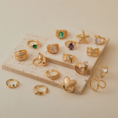 Bohemian 18K Gold Plated Copper Zircon Starfish Shell Ring For Women Vacation Beach Heart Crown Geometric Open Adjustable Fashion Jewelry Gift