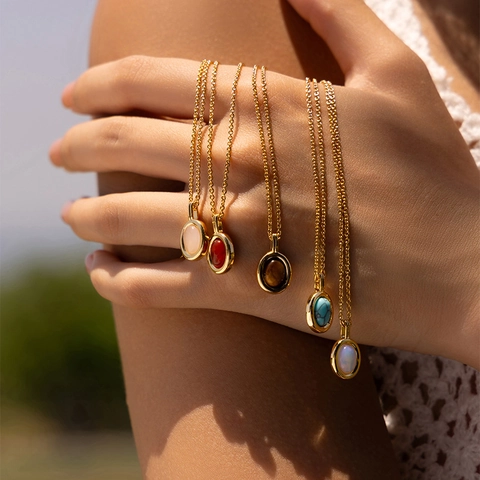 Vintage 18K Gold Plated Copper Oval Natural Stone Pendant Necklace For Women Tiger Eye Turquoise Moonstone Jewelry Gift