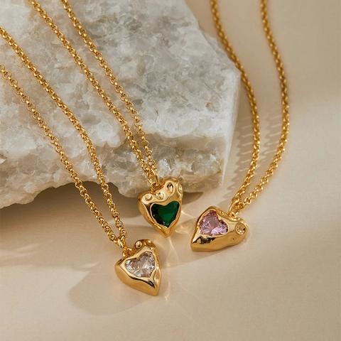 18K Gold Plated Copper Heart Zircon Pendant Necklace Vintage Lava Texture Zirconia Heart Necklace Jewelry For Women Gift