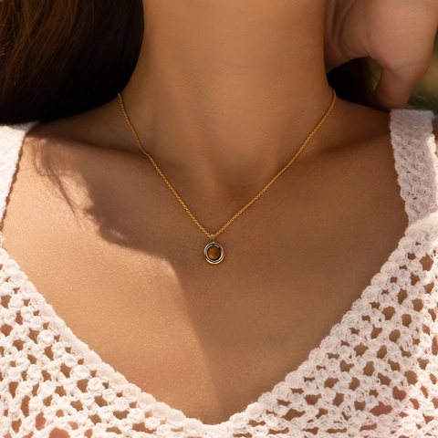 Vintage 18K Gold Plated Copper Oval Natural Stone Pendant Necklace For Women Tiger Eye Turquoise Moonstone Jewelry Gift