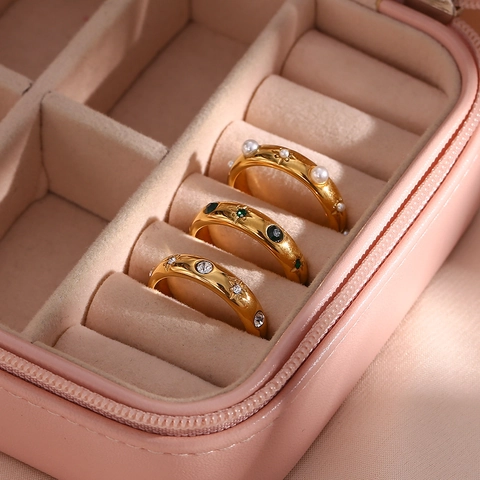 Mode Minimalistisch Edelstahl Gold Überzogen Ring Für Damen Zirkonia Künstliche Perle Stern Muster Fingerring Schmuck Geschenk