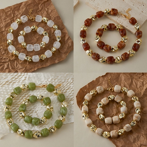 Vintage Grobe Acryl Marmor Perlenkette Armband Kombination Für Damen Böhmische Bunte Perlen Schmuck Ensemble