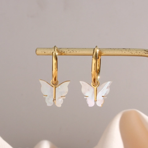 Roestvrij Staal Vlinder Hanger Ketting Oorbellen Sieradenset Voor Dames Witte Schelp Inlay Goud Mode Accessoires
