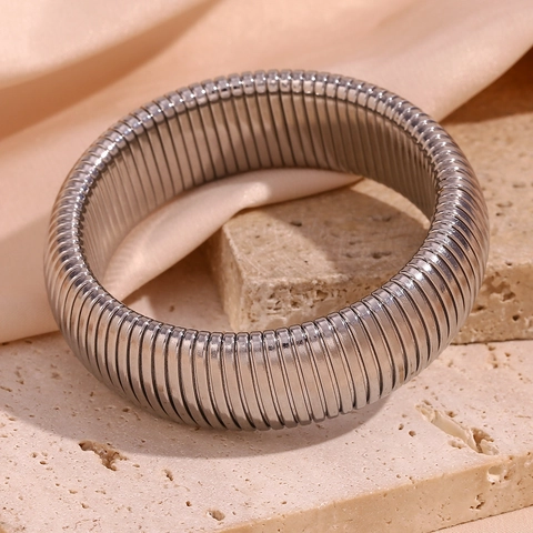 Tubogas Wide Bangle Bracelet Stainless Steel 18K Gold Plated Elastic Snake Chain Ribbed Geometric Minimalist For Women