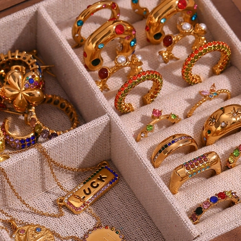 Edelstahl Vergoldet Schmuck Set Für Damen Mehrfarbig Zirkonia Ewigkeit Ring Creolen Luck Anhänger Halskette